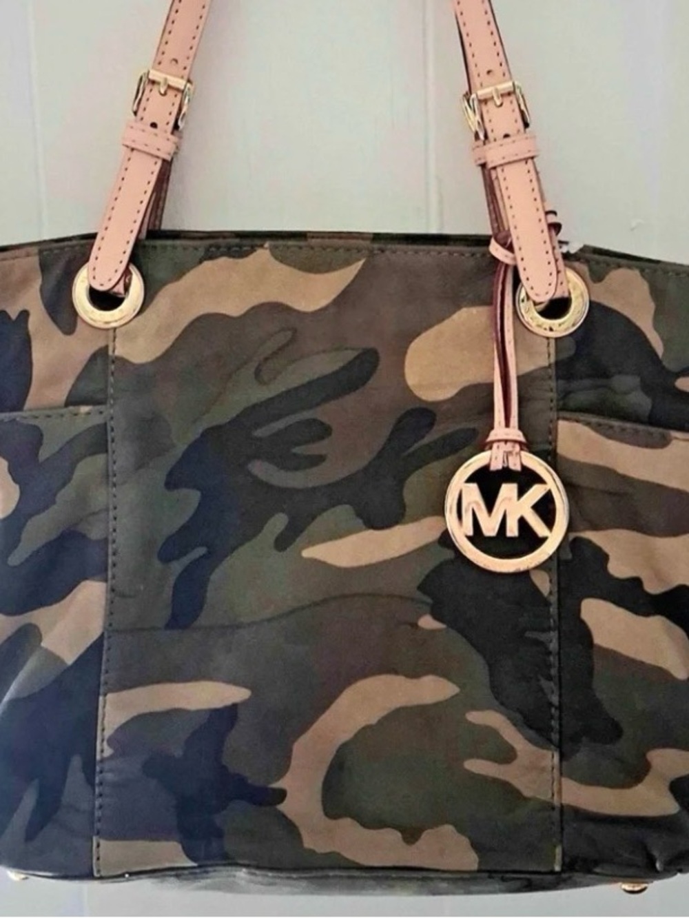 Michael Kors Camo Jet Set Leather Shoulder Tote, with Pinkish-Tan Leather Straps